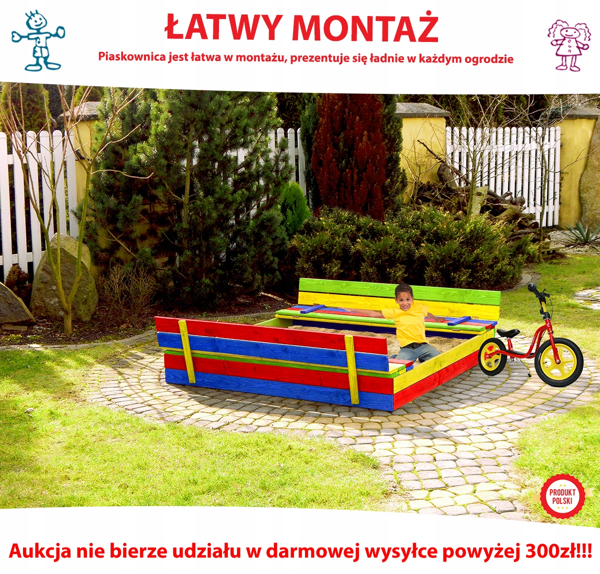 PIASKOWNICA Z ŁAWECZKAMI DLA DZIECI HUŚTAWKA PIŁKA Długość 120 cm