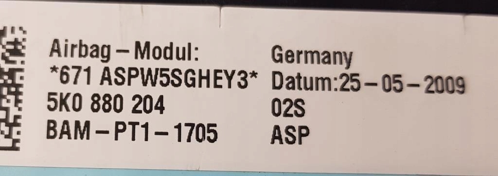 PODUSZKA PASAŻERA VW GOLF VI 5K0880204 ORYGINAŁ Typ samochodu Samochody osobowe