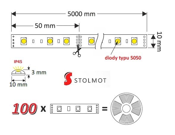 Taśma 300 led RGB ip45 w silikonie 5050 5m Długość 5 m