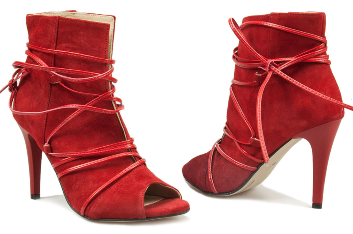 Červené kotníkové boty bez prstů se zavazováním kolem kotníku, semišové, kožené, J.w 39