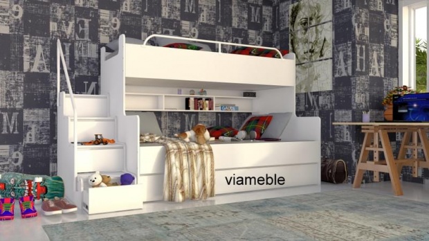 ŁÓŻKO PIĘTROWE DLA DZIECI 3 OSOBOWE JIM ZE SCHODAMI DLA DZIEWCZYNEK Kolekcja NEW