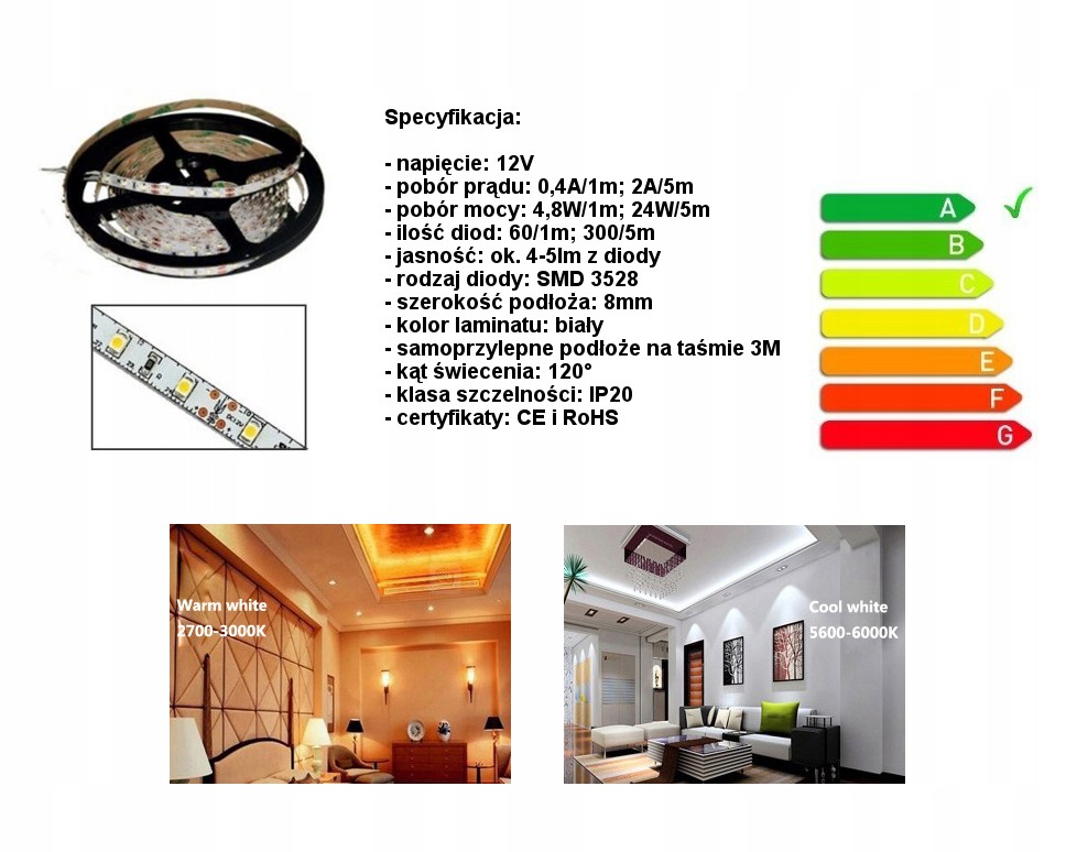 Taśma LED 5m 300 diod 12V ciepła zimna PROMOCJA Marka Brolux