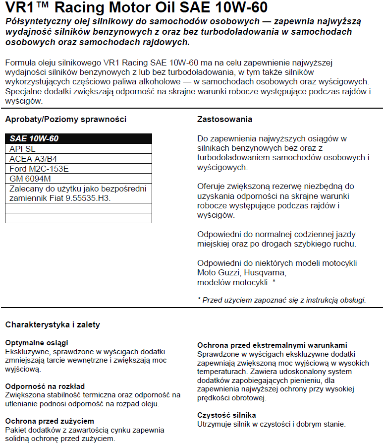 OLEJ VALVOLINE VR1 RACING 10W60 SPORT A3/B4 5L EAN (GTIN) 8710941023007