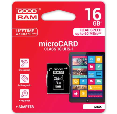 GOODRAM KARTA MICROSD 16GB MICRO CL10 + ADAPTER SD Pojemność karty 16 GB