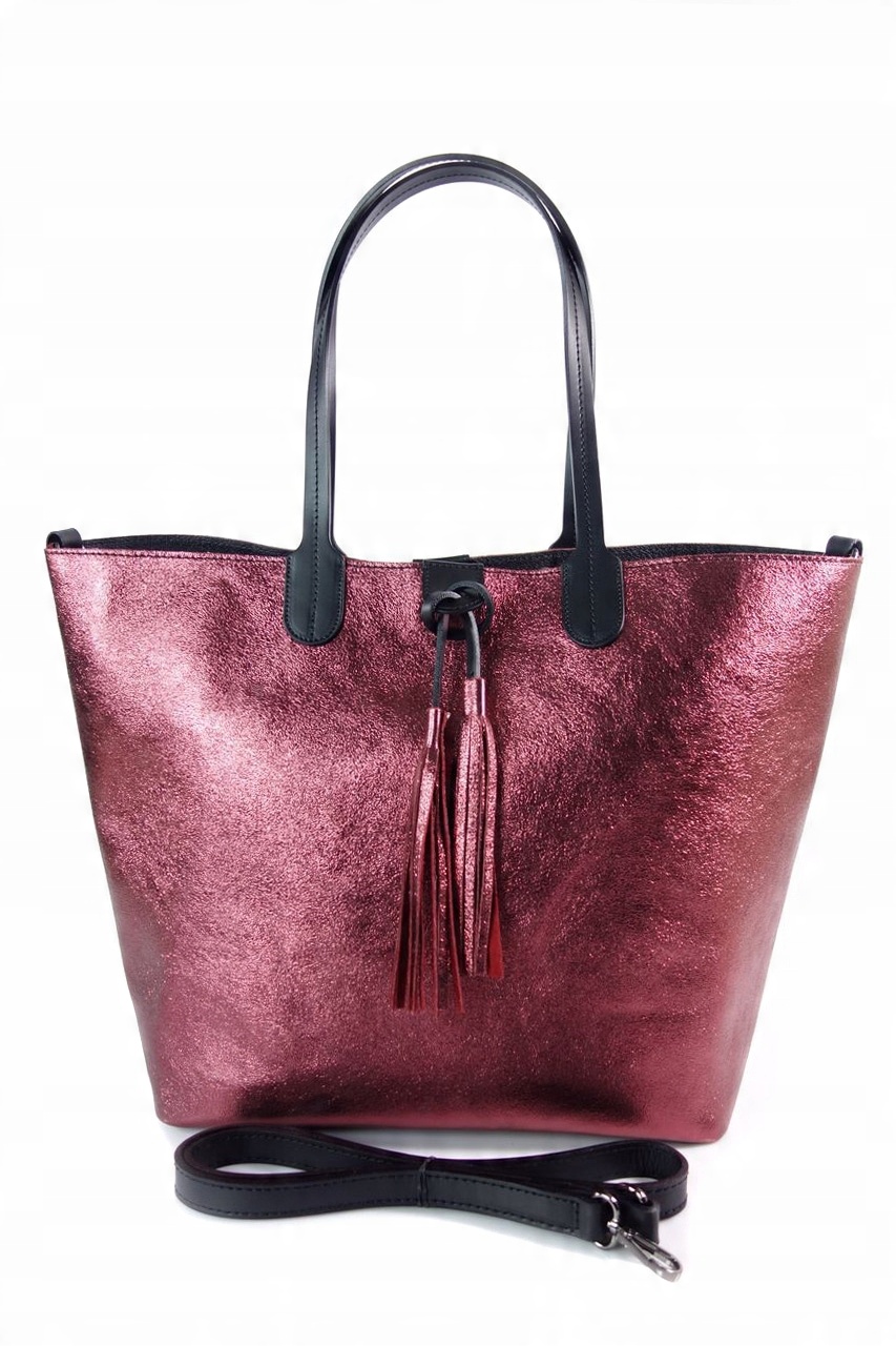 

Duży Shopper XXL Włoska Vera Pelle Frędzel Bordowa