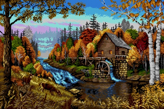 Kanva s potiskem pro křížkovou výšivku krajina s mlýnem (7308), 60x40 cm