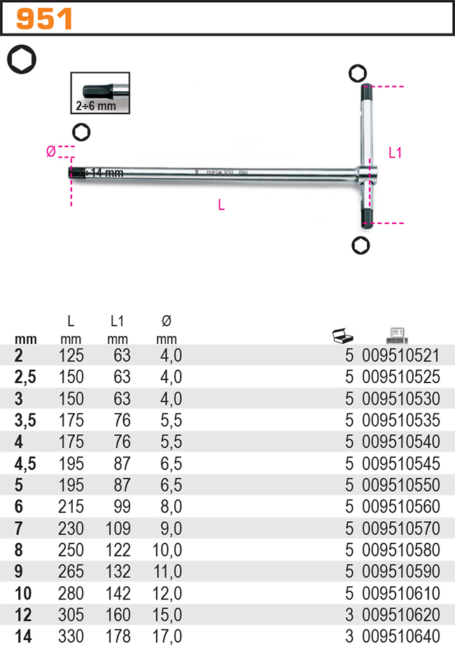 ШЕСТИГРАННЫЙ ШЕСТИГРАННЫЙ ГАЕЧНЫЙ КЛЮЧ T-ТИПА BETA 951 10 ММ