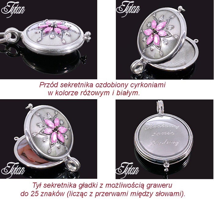 Otwierany medalion z cyrkoniami na łańcuszku Kolor dominujący srebrny