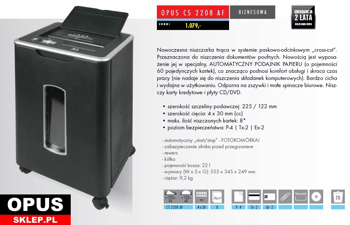 AUTOMATYCZNA NISZCZARKA OPUS CS2208AF +OLEJ GRATIS Marka Opus