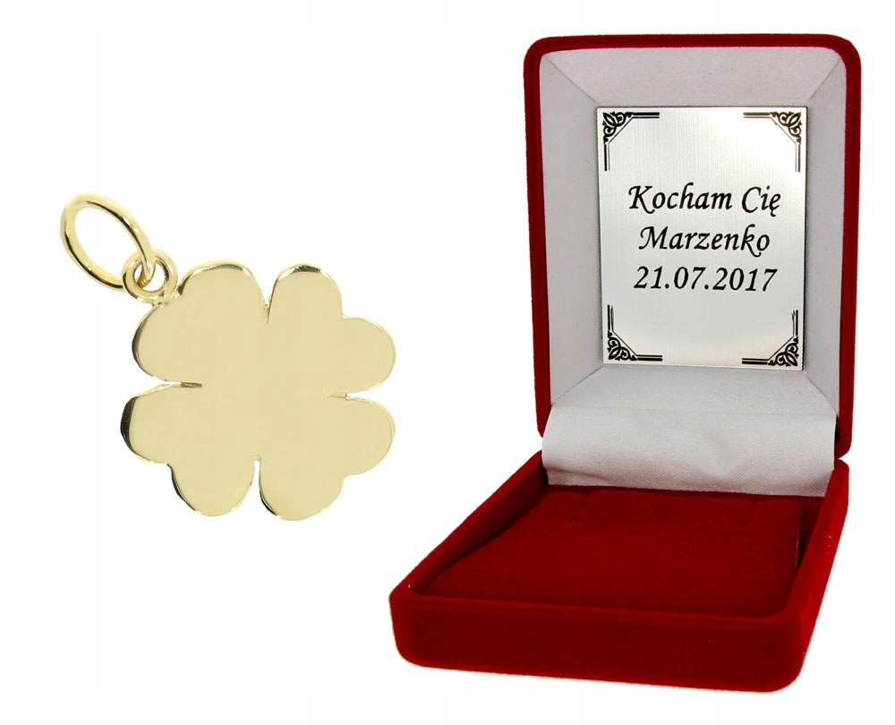

Zawieszka Złota 585 Koniczynka dedykacja etui