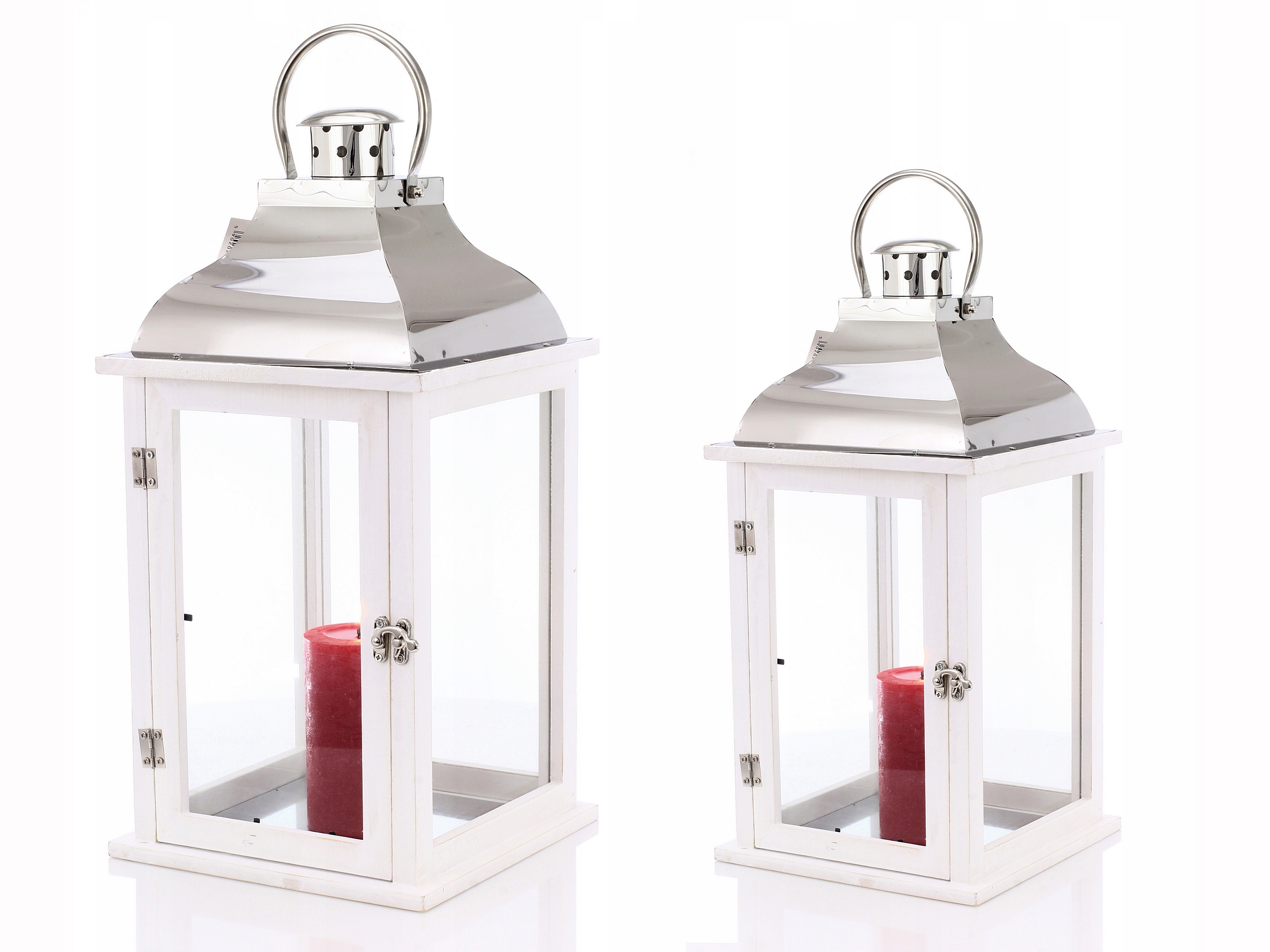 

Latarnie Białe Drewno Chrom Kpl. 2 szt 32 i 46 cm