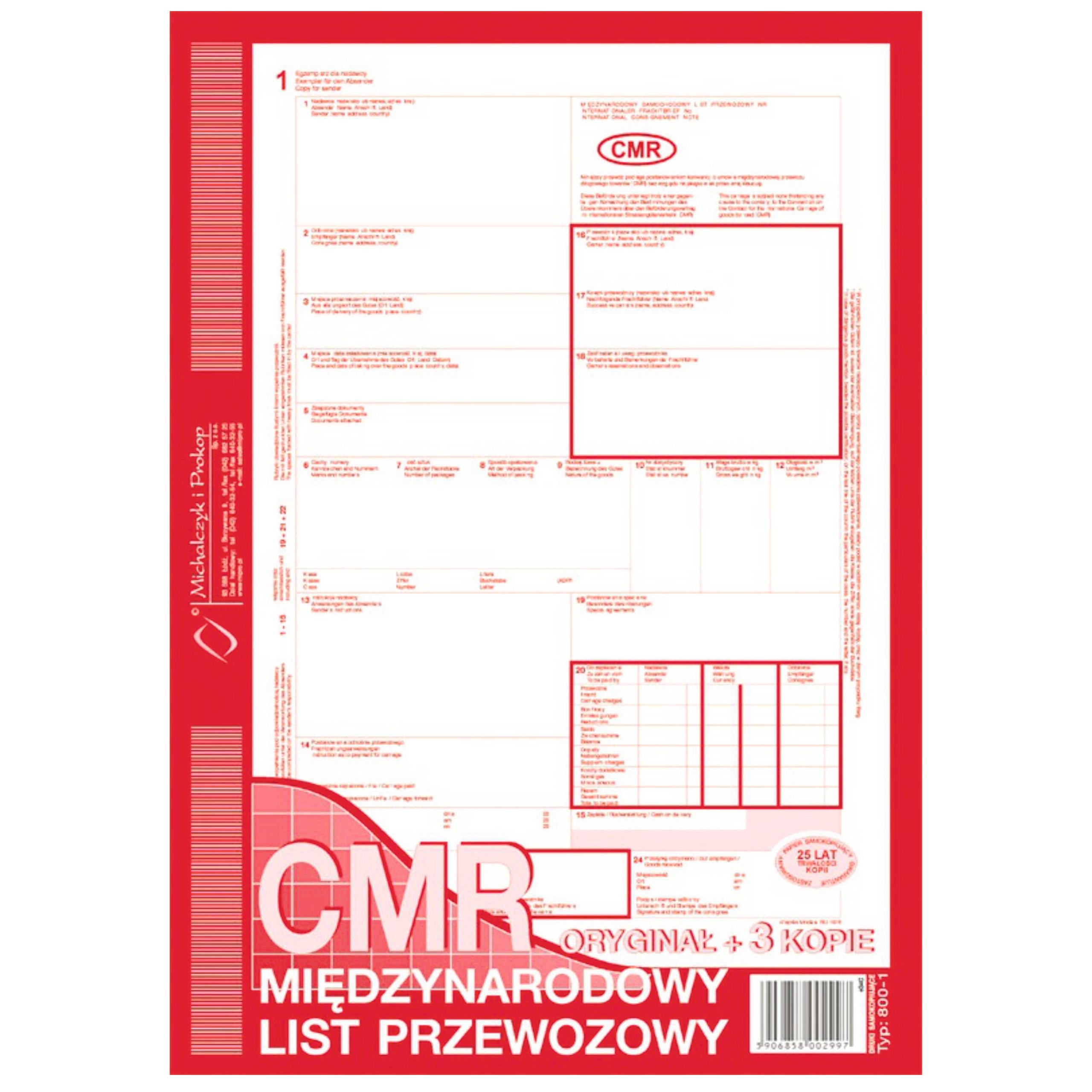 

List przewozowy Cmr Mipro A4 oryg.+3 kopie 800-1