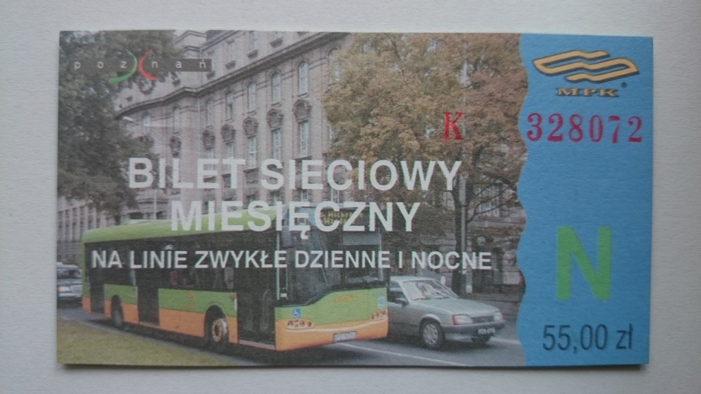 Bilet sieciowy miesięczny N 55,00 MPK Poznań 2001