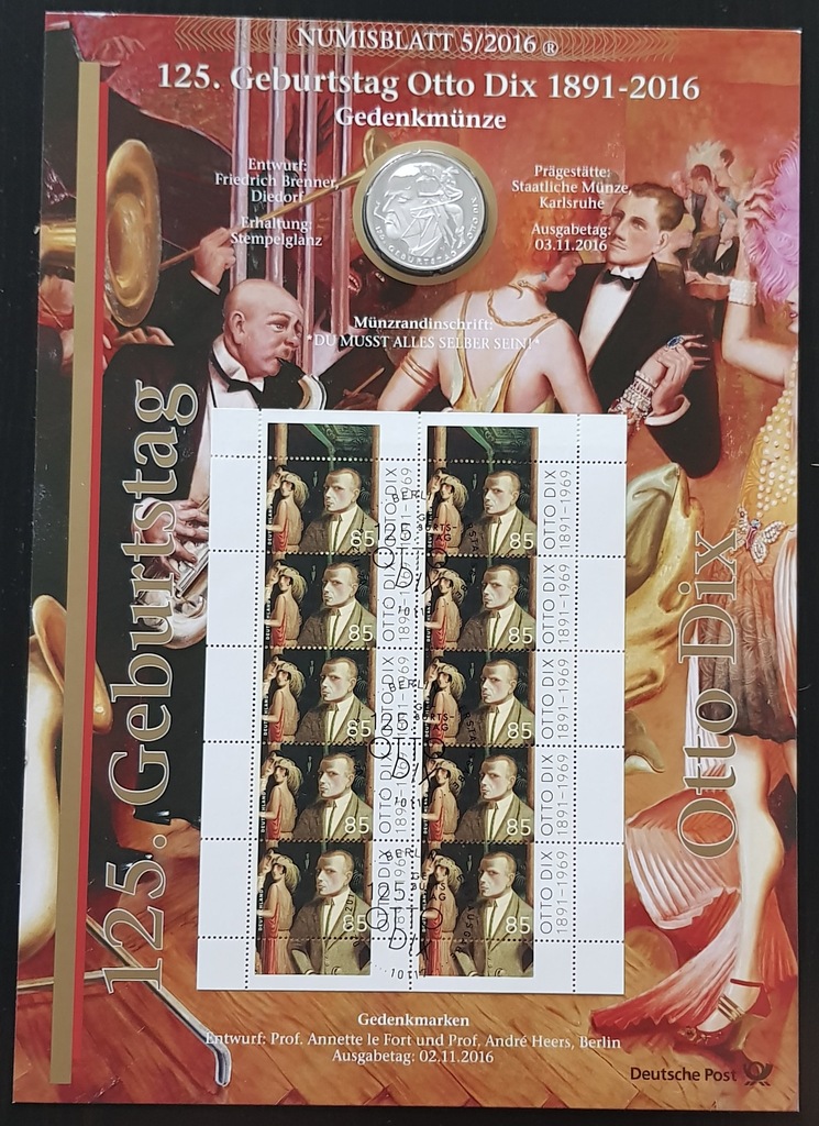 20 EURO Z AR.Fil. ROCZ. 125-LAT UR. OTTO DIX