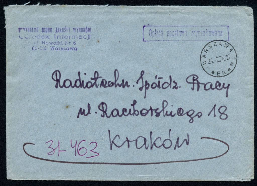 List Warszawa 1 1974 koperta Opłata zryczałtowana
