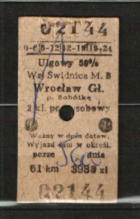Bilet kartonikowy - Świdnica-Sobótka-Wrocław - PKP