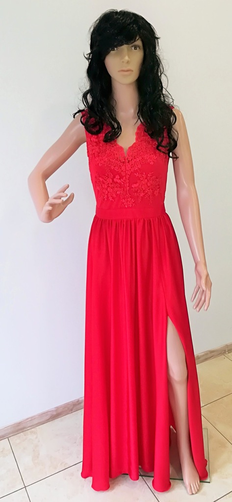 suknia długa maxi czerwona 36 S z koronką