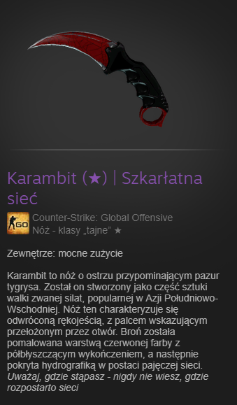 CS:GO KOSA NÓŻ Karambit Szkarłatna sieć 2/5 WW