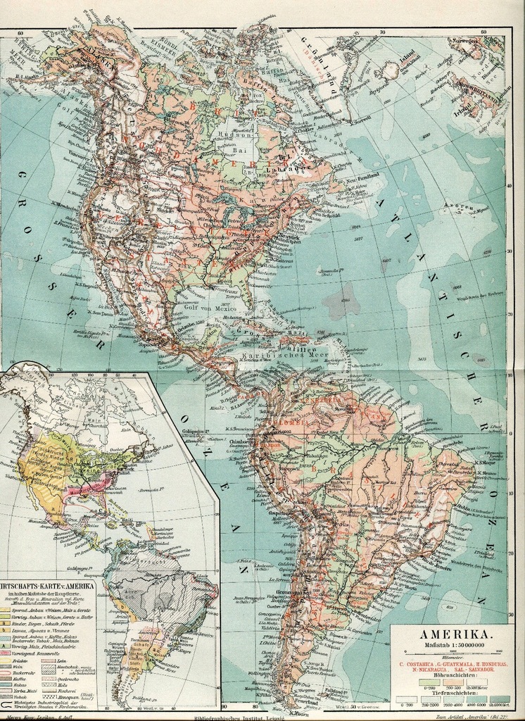 Stara mapa Ameryka Północna i Południowa ok. 1890