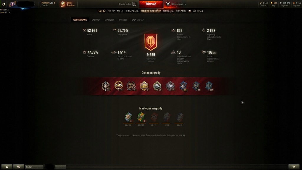 World of Tanks WIN8 2 216 Win Ratio 61.74%