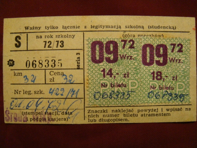 bilet miesiączny 1972 r. - PKP - ŚRODA Wlkp.