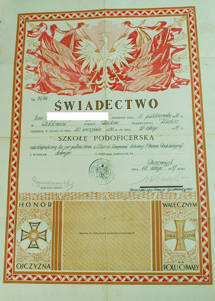 Świadectwo Szkoła Podoficerska 1937 PRZEMYŚL