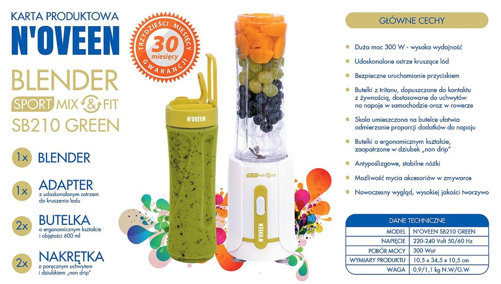 BLENDER NOVEEN SB210 SMOOTHIE KRUSZY LÓD 2 BUTELKI 6997819911