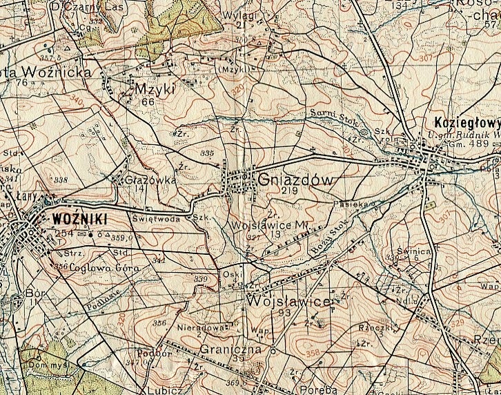 WOŹNIKI MYSZKÓW KALETY :: mapa wojskowa WIG 1934