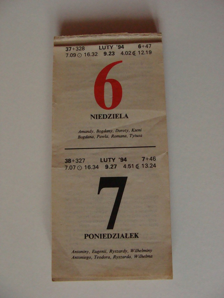 KALENDARZ  listkowy 1994 rok 