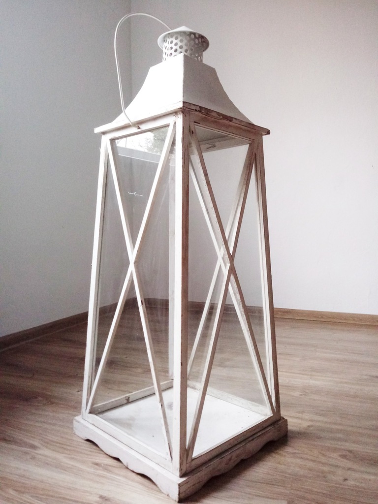 Duży drewniany biały lampion latarnia 106x40x40