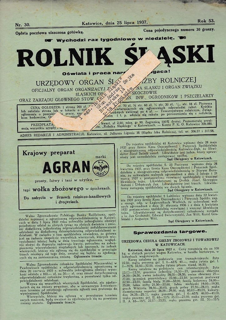 ROLNIK ŚLĄSKI 1937 30 Bieruń Stary
