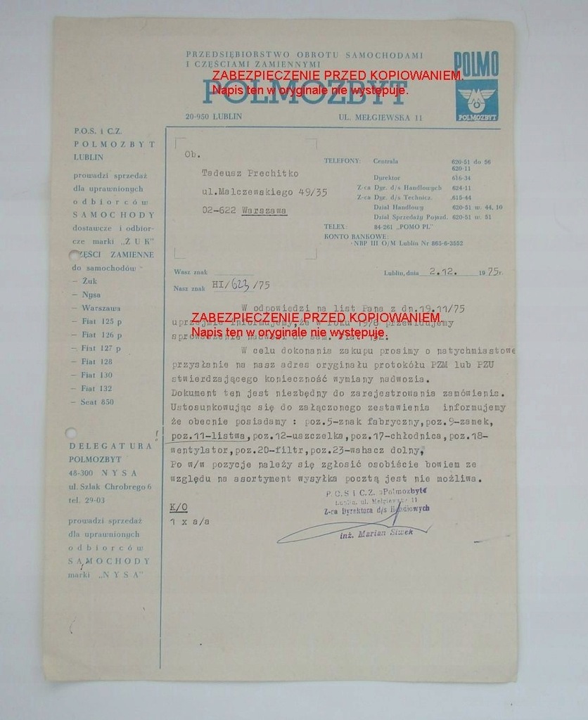 Polmozbyt Lublin 1975 pismo na papierze firmowym