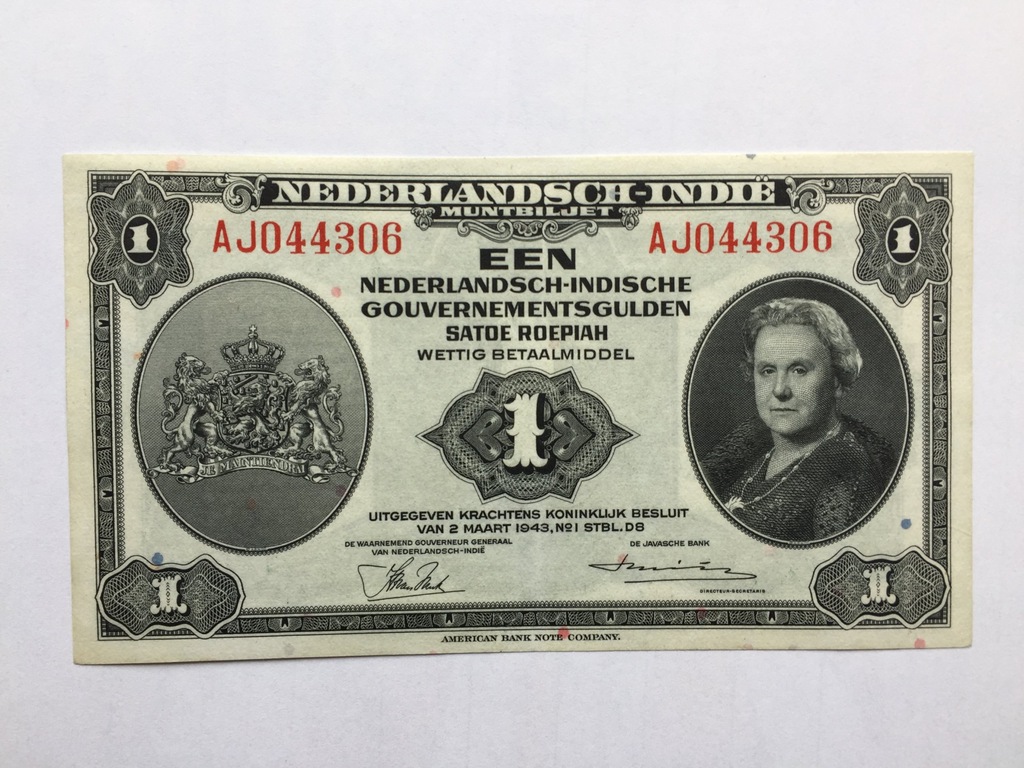 Holenderskie - Indie 1 Gulden z 1943 r. stan 1