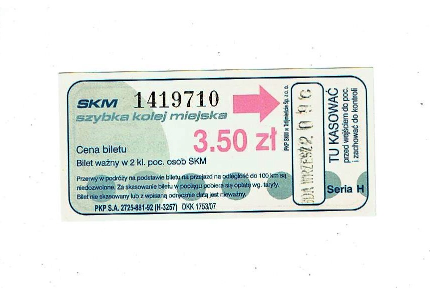 Bilet PKP SKM Trójmiasto 3,50 zł - skasowany