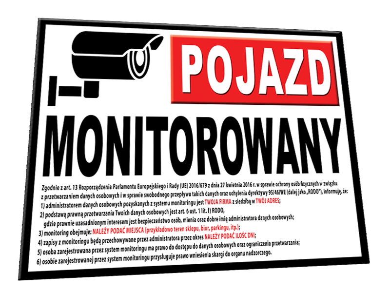 TABLICZKA POJAZD OBIEKT MONITOROWANY PRZEPISY RODO