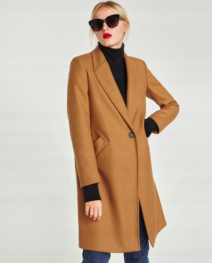 ZARA XS ELEGANCKI WEŁNIANY KARMELOWY PŁASZCZ HIT 7557347596