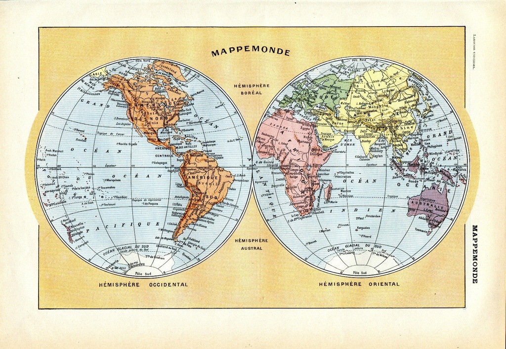 Stara Mapa Kontynenty Półkule Świata 1922