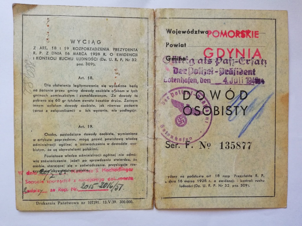 Dowód osobisty, Gdynia, 1939