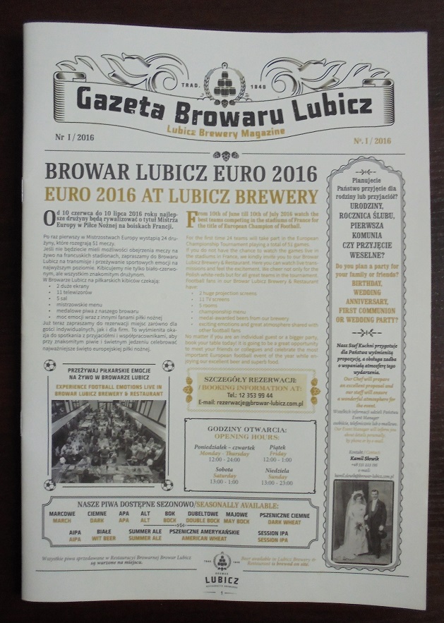 Browar Lubicz Kraków gazeta (menu) z opisem piw