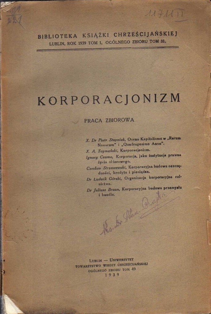 KORPORACJONIZM - PRACA ZBIOROWA - 1939