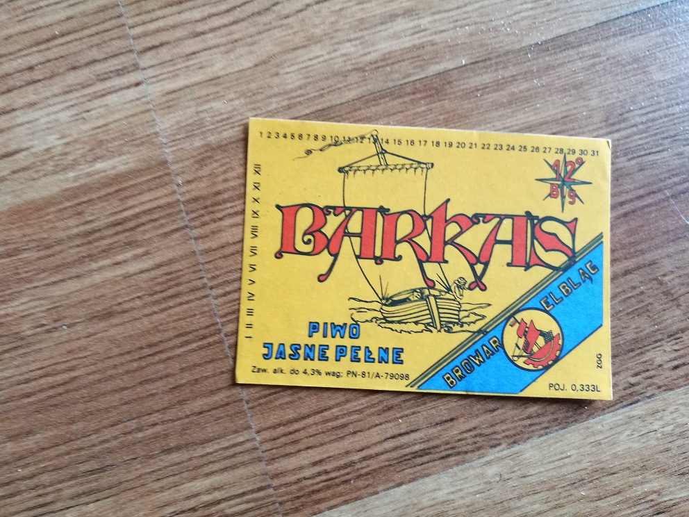 Etykieta Browar Elbląg Piwo Barkas 1989