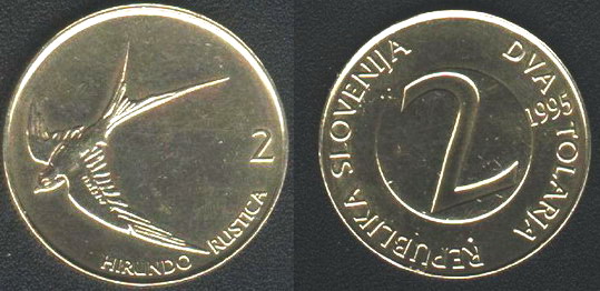 Słowenia 2 tolary ptaki jaskółka z 1995 roku.