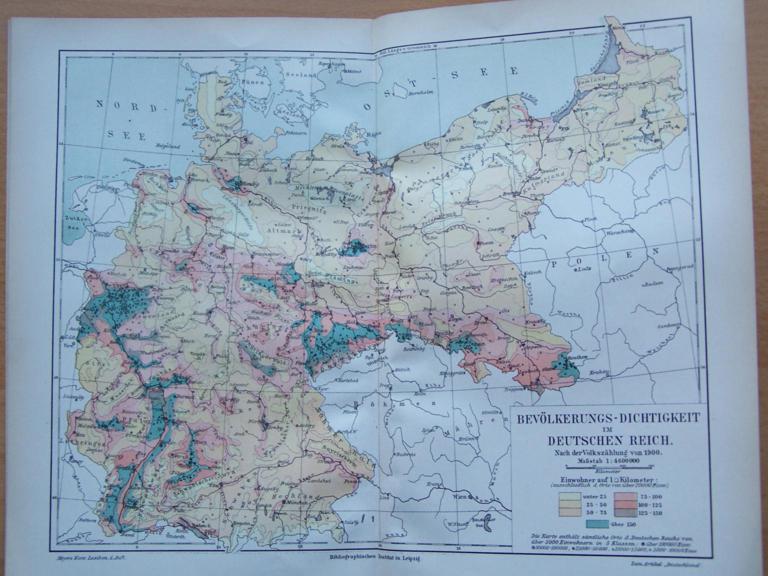 NIEMCY - GĘSTOŚĆ ZALUDNIENIA stara mapa 1908 r.