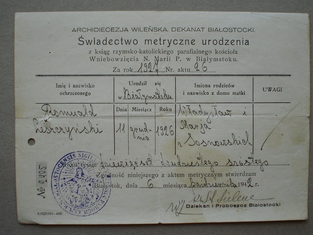 Świadectwo metryczne urodzenia Białystok 1942 r.