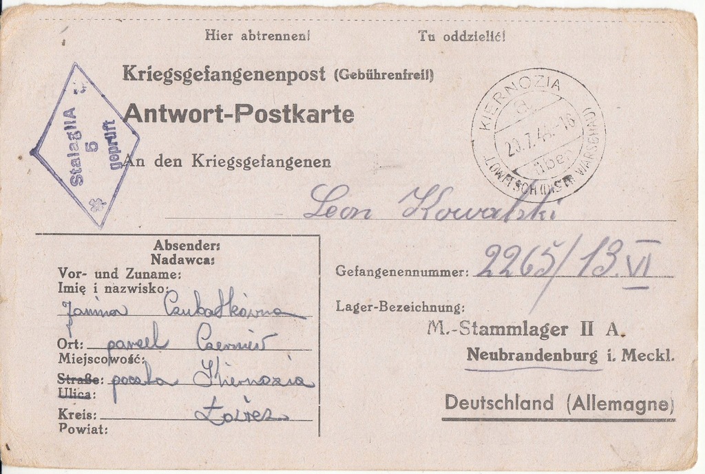 Stalag IIA Neubrandenburg kartka 1944 (261)