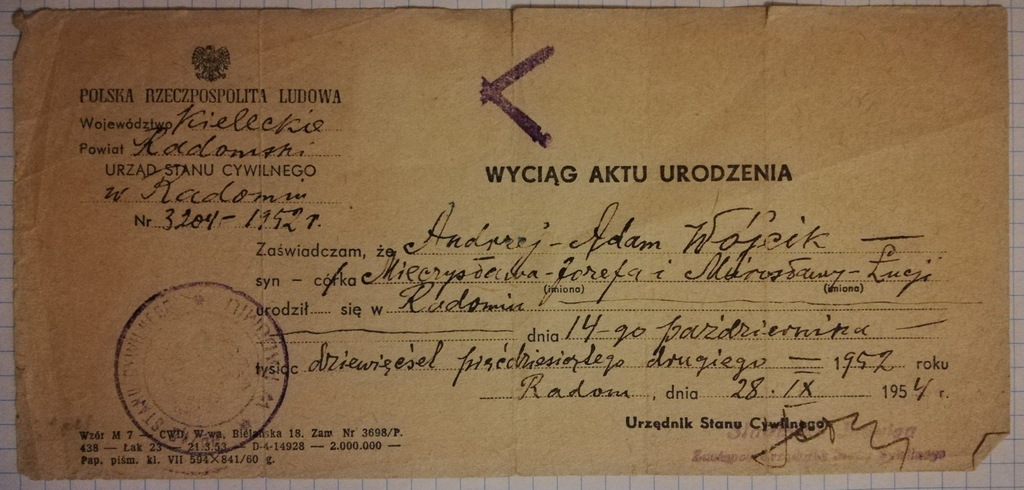 Wyciąg aktu urodzenia Urząd Stanu Cywil RADOM 1954