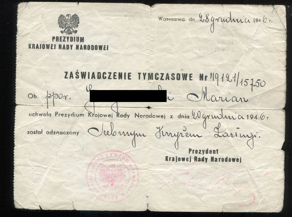 Srebrny Krzyż Zasługi 1946 legitymacja dla oficera