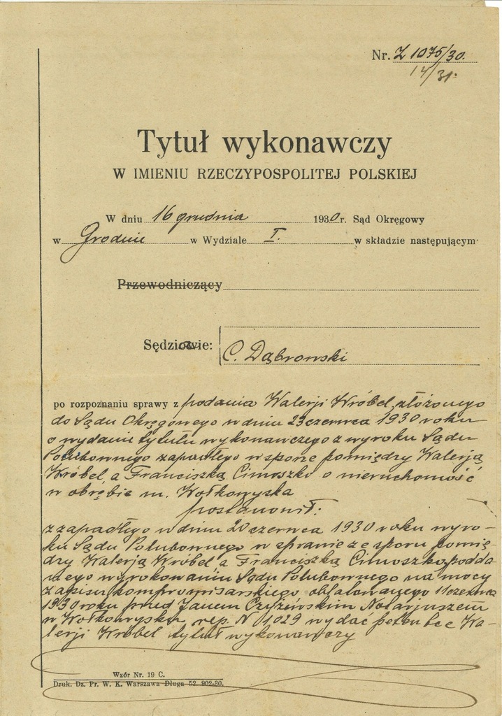 SĄDOWY TYTUŁ WYKONAWCZY SĄD OKRĘGOWY GRODNO 1930