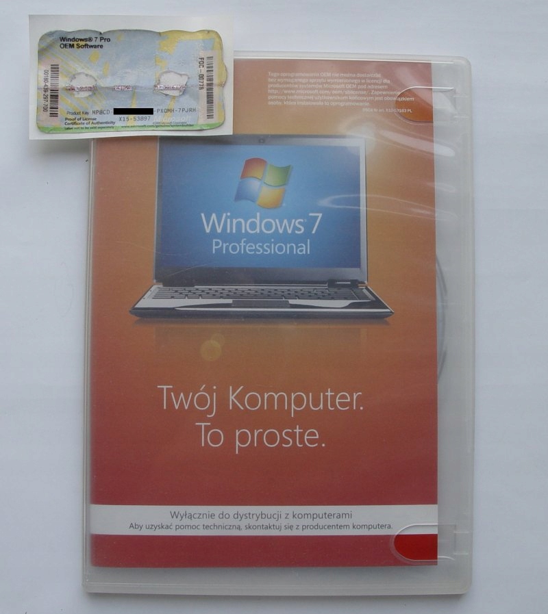Windows 7 Professional 64 bit SP1 PL DVD + klucz