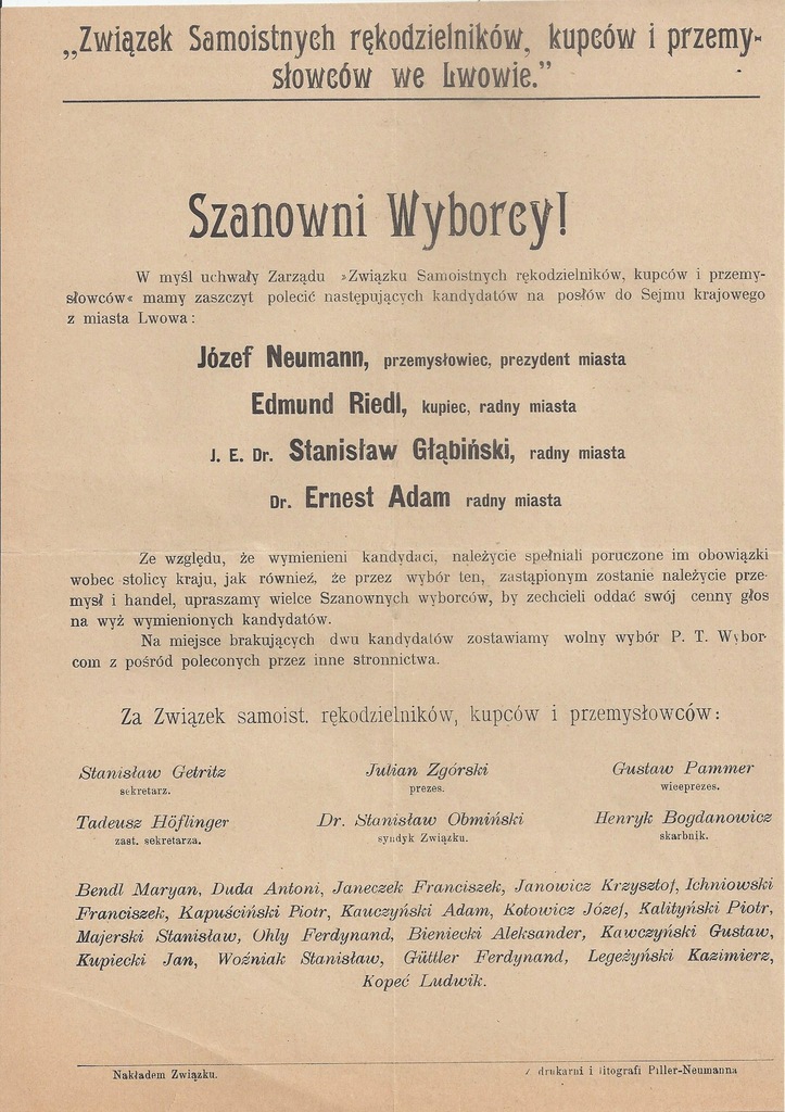 ULOTKA WYBORCZA ZWIĄZEK KUPCÓW, PRZEMYSŁOWCÓW LWÓW